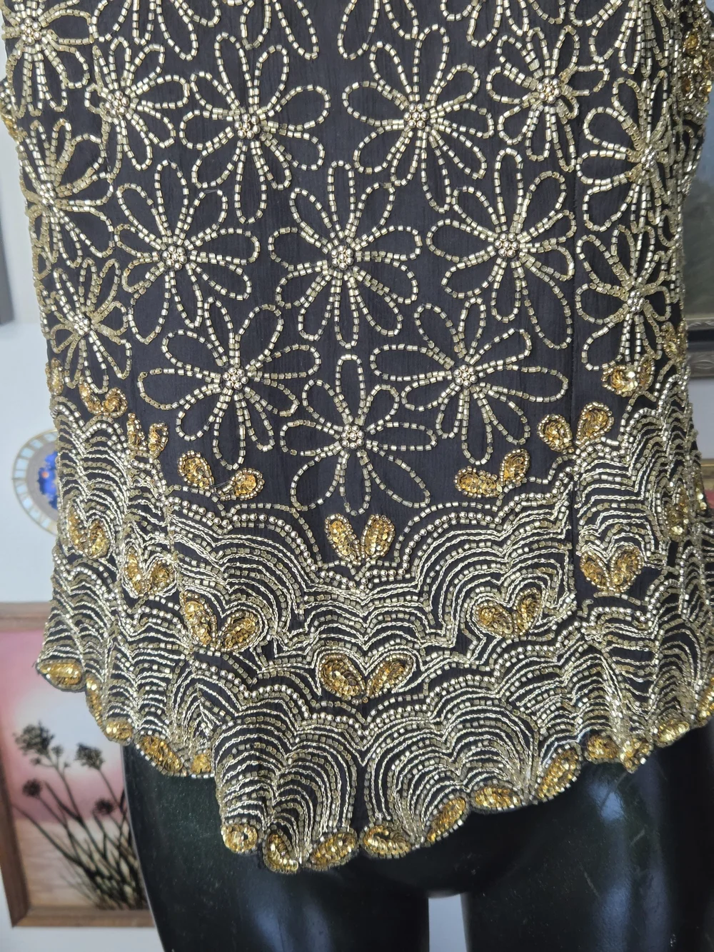 Vintage Laurence Kazar Floral Beaded 100% Silk Black & Gold Halter Top Medium